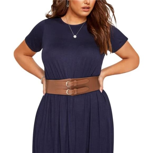 Wide Elastic Cinch Belt – Vintage PU Leather Waist Belt with Embossed Buckle - Picture 5 of 5